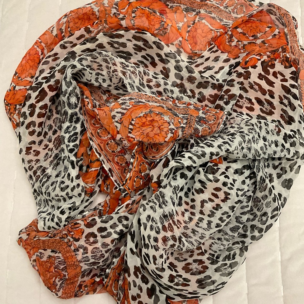 Versace Orange and Black Animal Print Scarf 75x25